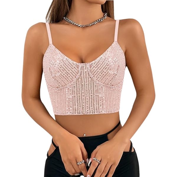 Naimo Women's Sparkle Sequin Crop Top Sleeveless V Neck Spaghetti